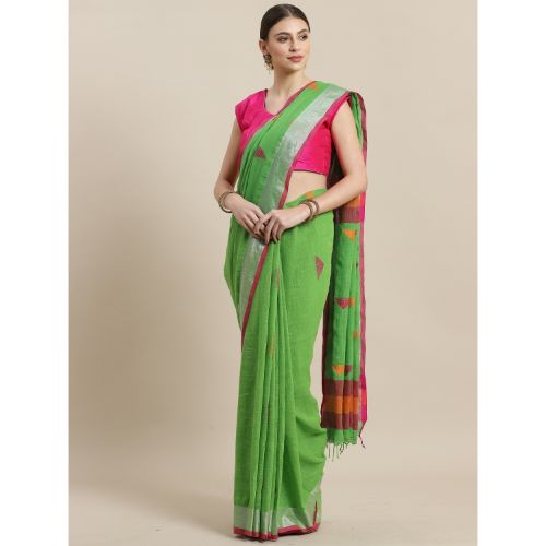 Laa Calcutta Green Traditional Bengal Handloom saree with Blouse material
