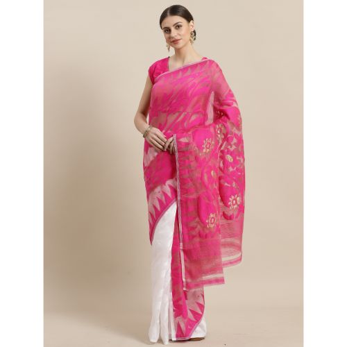 Laa Calcutta Hot Pink Traditional Jamdani saree without Blouse material