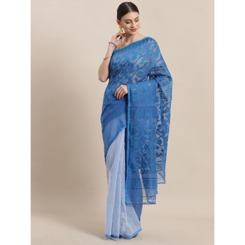 Laa Calcutta Blue & White Traditional Jamdani saree without Blouse material