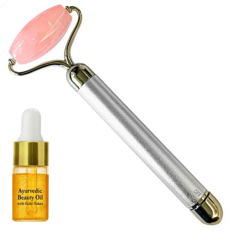 Natural Vibes Rose Quartz Vibrating Roller with FREE Gold Beauty Elixir Oil for Face, Neck and Under eye 