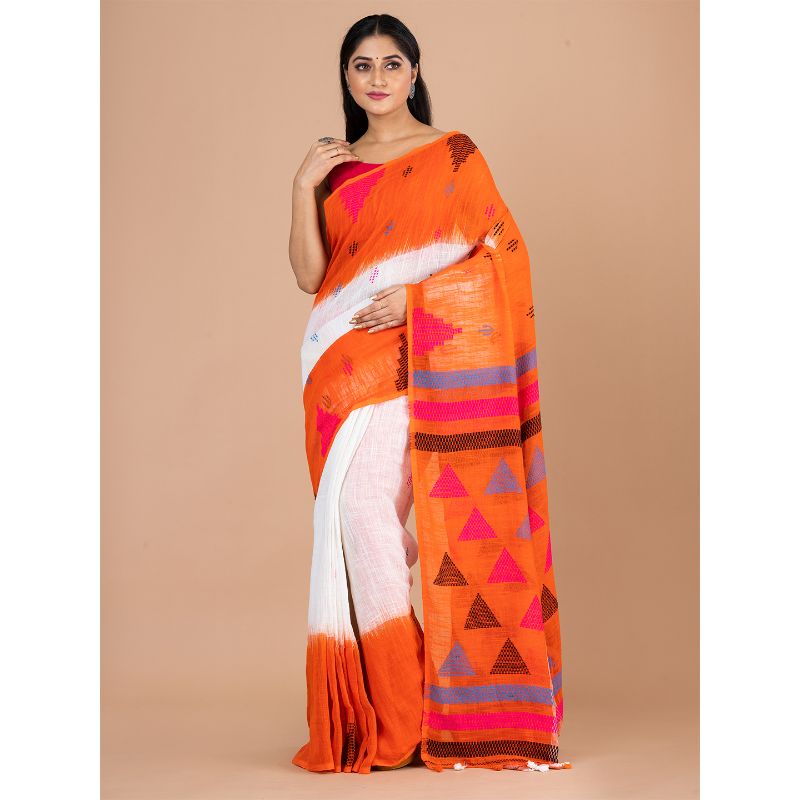 Laa Calcutta White & Orange Traditional Bengal Handloom saree with Blouse material