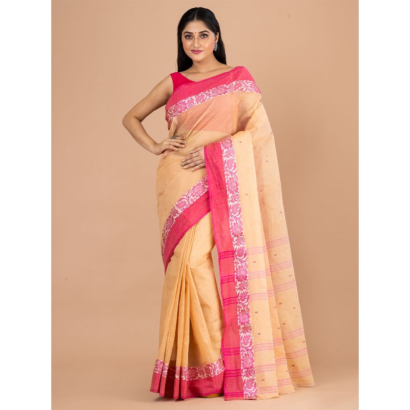 Laa Calcutta Beige & Pink Traditional Tant saree without Blouse material