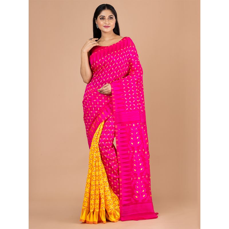 Laa Calcutta Yellow & Deep Pink Minakari Traditional Jamdani saree without Blouse material