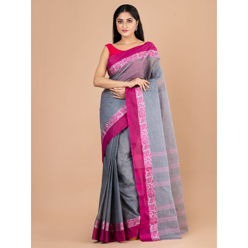 Laa Calcutta Grey & Pink Tant Traditional Tant saree without Blouse material