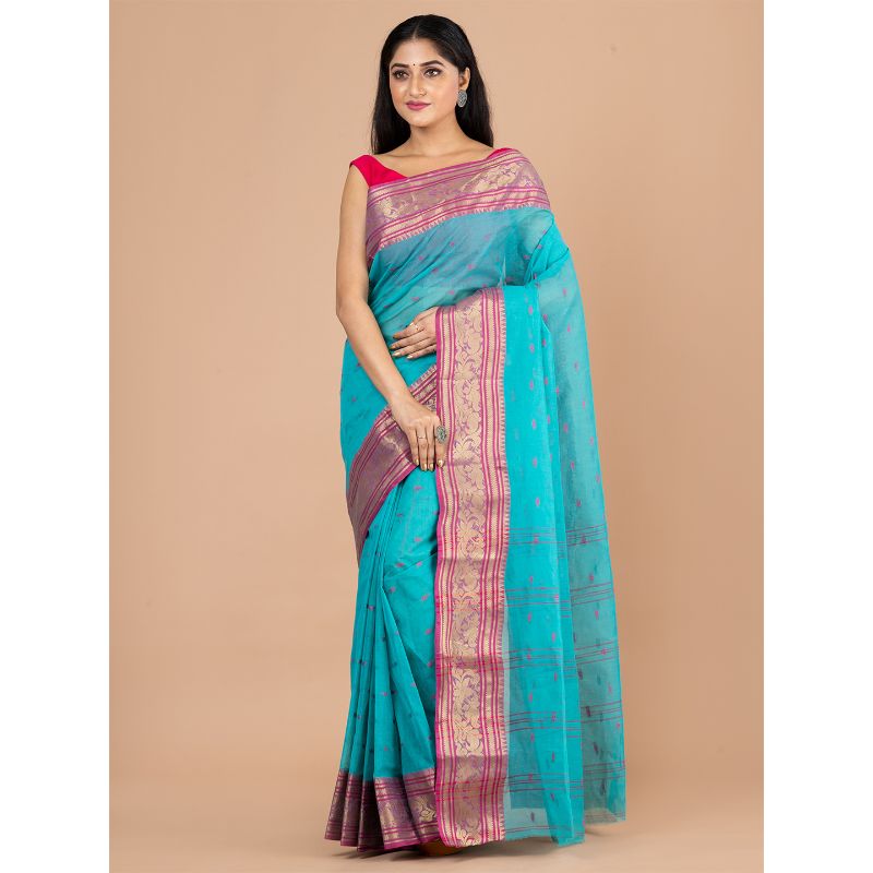 Laa Calcutta Blue & Pink Traditional Tant saree without Blouse material