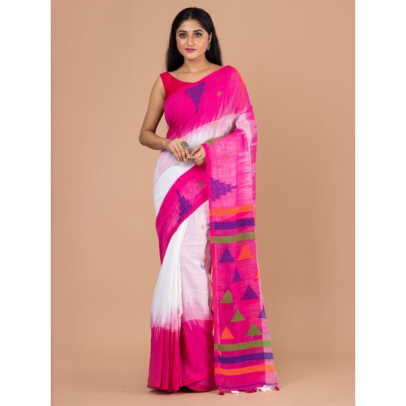 Laa Calcutta White & Pink Traditional Bengal Handloom saree with Blouse material