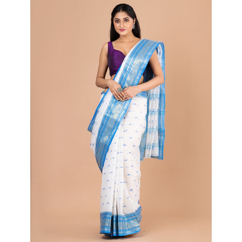 Laa Calcutta White & Blue Traditional Tant saree without Blouse material