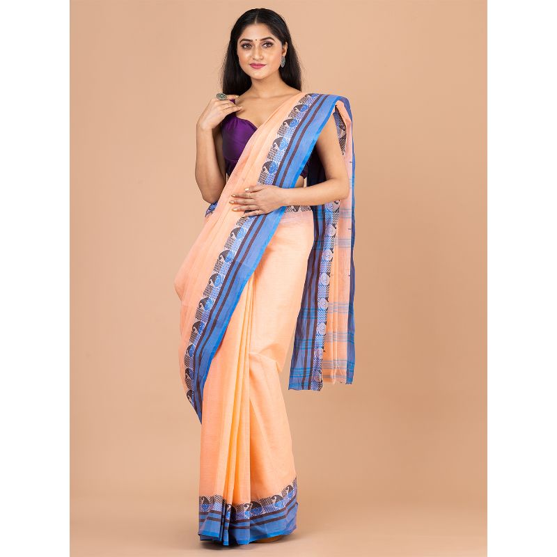 Laa Calcutta Royal Blue & Maroon Traditional Tant saree without Blouse material