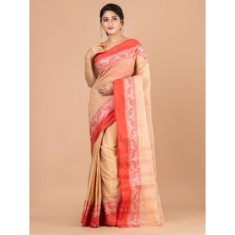 Laa Calcutta Beige & Red Traditional Tant saree without Blouse material