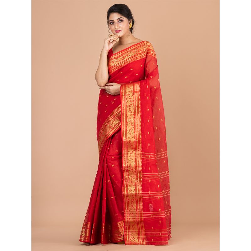 Laa Calcutta Red & Golden Traditional Tant saree without Blouse material