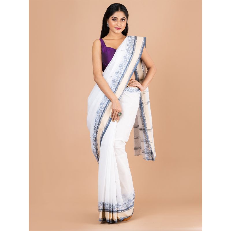 Laa Calcutta White & Grey Traditional Tant saree without Blouse material