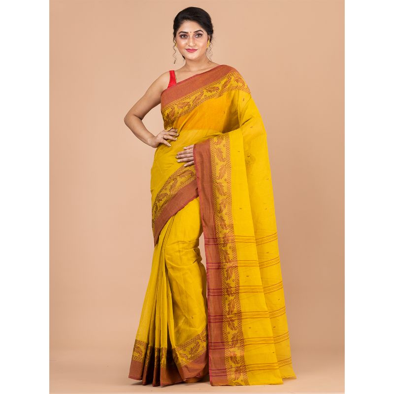 Laa Calcutta Yellow & Brown Tant Traditional Tant saree without Blouse material