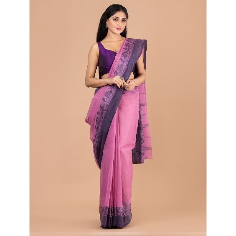 Laa Calcutta Mauve & Blue Traditional Tant saree without Blouse material
