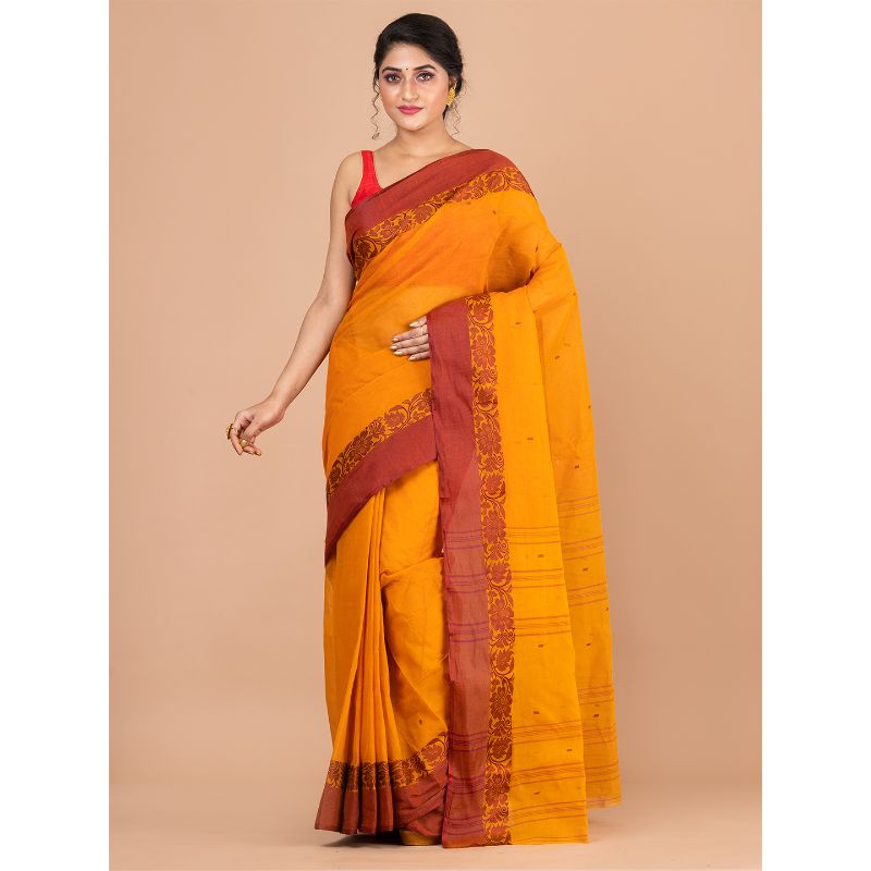 Laa Calcutta Yellow & Maroon Traditional Tant saree without Blouse material