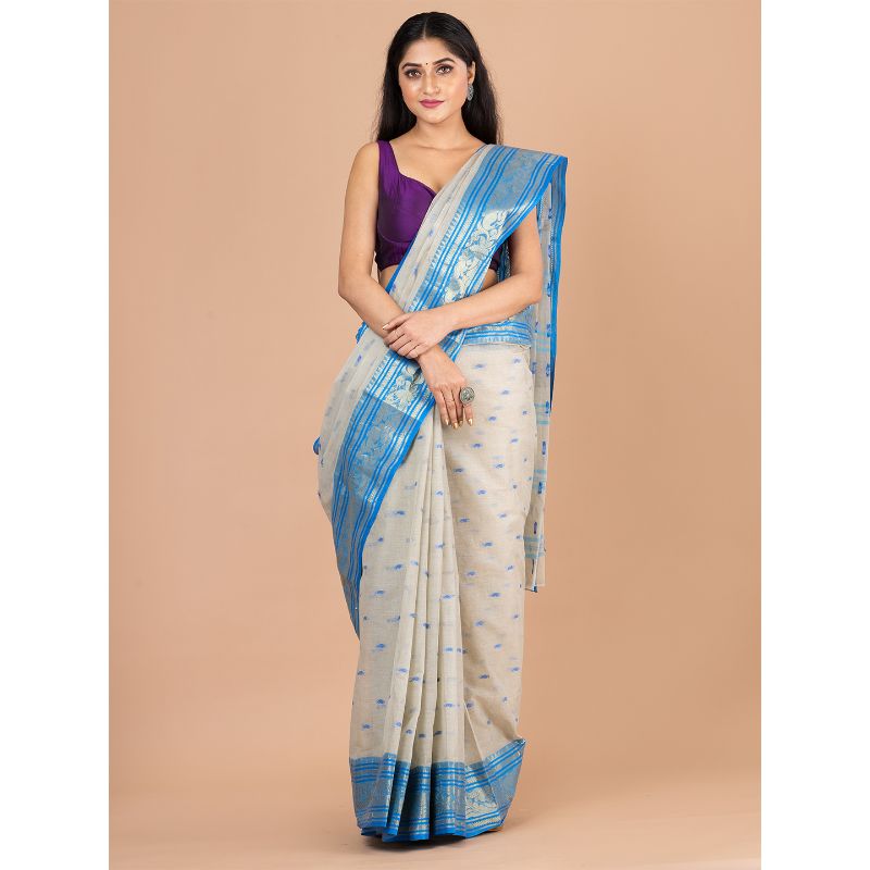 Laa Calcutta Beige & Blue Tant Traditional Tant saree without Blouse material