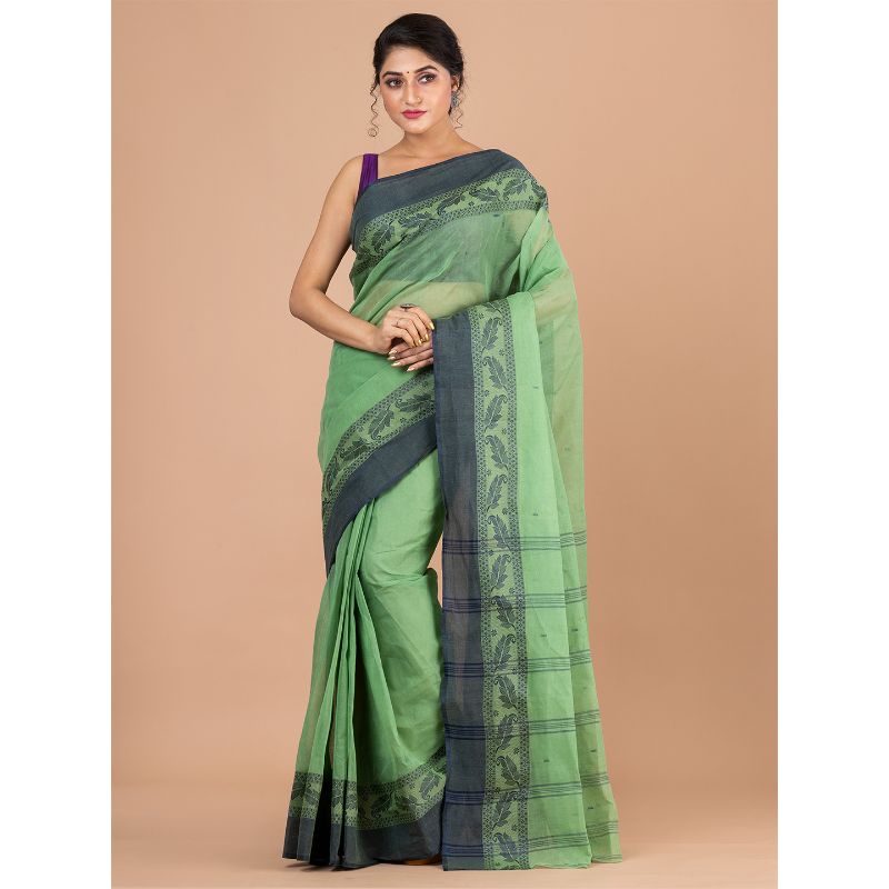 Laa Calcutta Green & Blue Traditional Tant saree without Blouse material