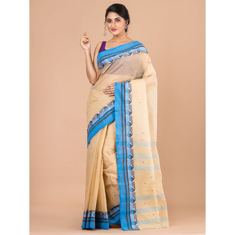 Laa Calcutta Beige & Blue Traditional Tant saree without Blouse material