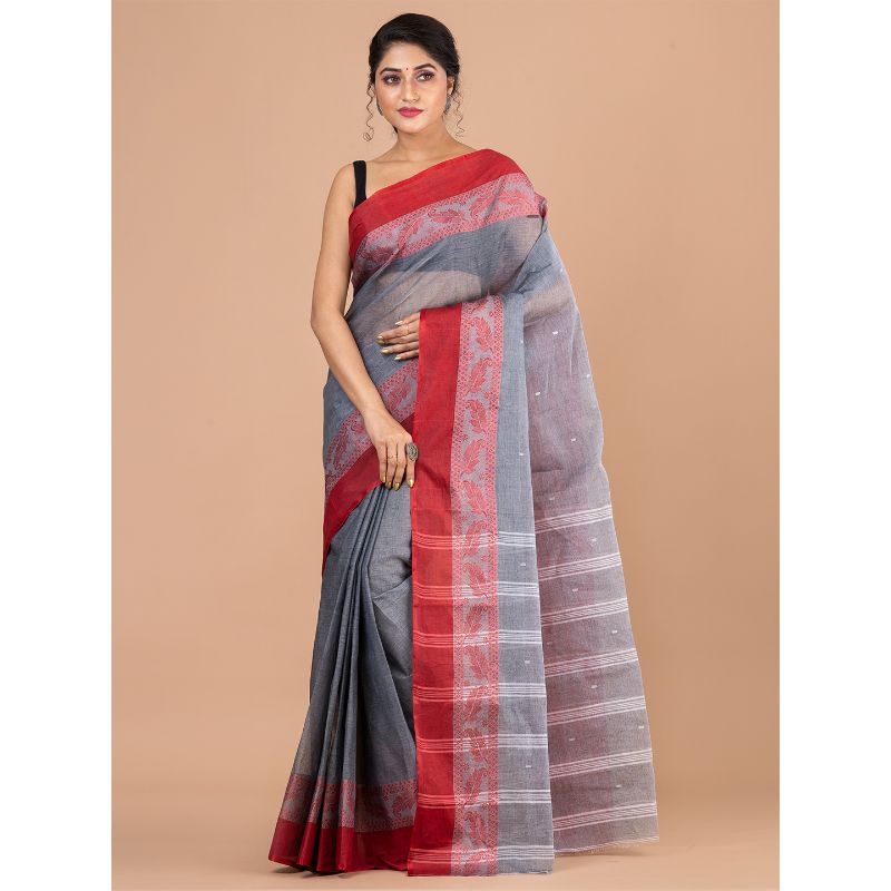 Laa Calcutta Grey & Maroon Traditional Tant saree without Blouse material