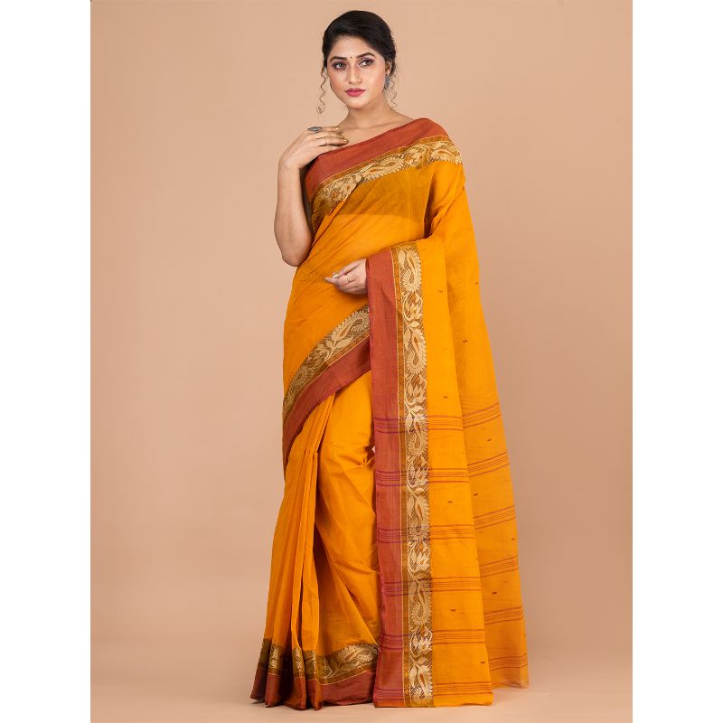Laa Calcutta Deep Yellow & Brown Traditional Tant saree without Blouse material