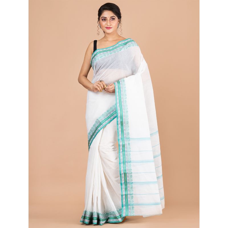 Laa Calcutta White & Sea-Green Traditional Tant saree without Blouse material