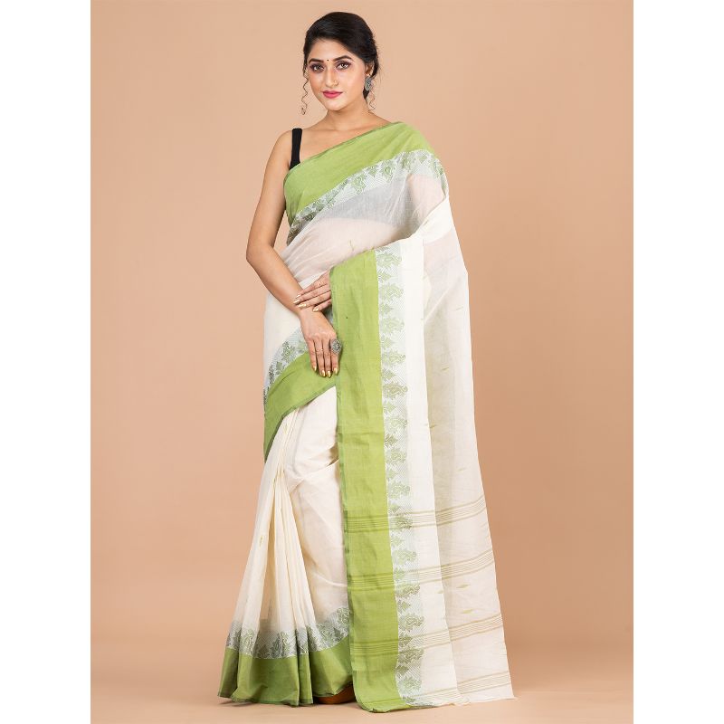 Laa Calcutta Off-White & Green Traditional Tant saree without Blouse material