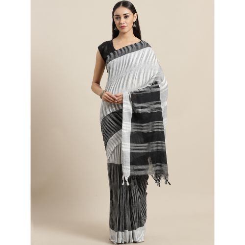 Laa Calcutta Black & White Traditional Bengal Handloom saree with Blouse material