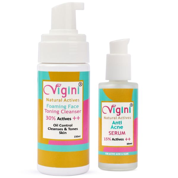 Vigini 15% Actives Anti Acne Face Serum & 26% Actives Foaming Toning Cleansing Wash, Pimple Removal Prone Bumpy Skin Pore Tightening Fight Breakouts Reduces Blackheads Redness Lighten Scars Salicylic Acid Niacinamide Tea Tree Oil Men Women