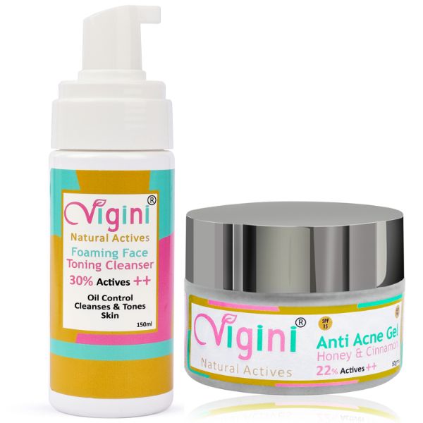 Vigini 22% Actives Anti Acne Oil Control Face Gel & 30% Actives Foaming Toning Cleansing Wash, Pimple Removal Prone Skin Lighten Scars Pore Tightening Reduce Redness Dries Blemishes Niacinamide Salicylic Acid Neem Ext Women