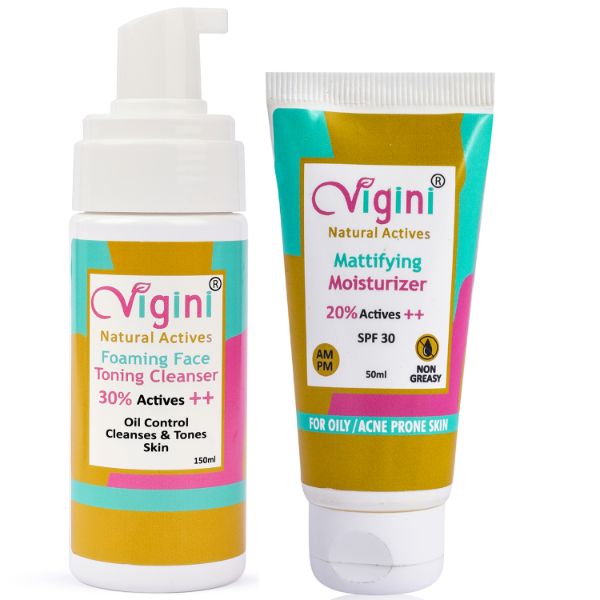 Vigini 30% Actives Anti Acne Oil Control Foaming Toning Cleansing Wash & 20% Actives Mattifying Moisturizer Face Lightweight Prone Skin Pimple Removal Unclogs Pores Prevent Breakouts Regulates Sebum Non-Comedogenic Salicylic Acid