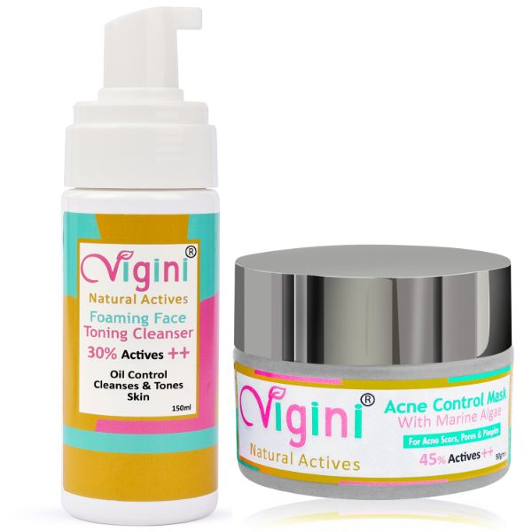 Vigini 30% Actives Anti Acne Foaming Toning Cleansing Wash & 45% Actives Marine Algae Clay Face Mask Oil Control Remove Pimples & Scars Unclogs Pores Fight Breakouts Prone Skin Reduce Redness Glycolic Acid Witch Hazel Apple Cider Vinegar Men Women