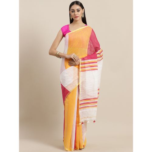Laa Calcutta White & Multi Traditional Bengal Handloom saree with Blouse material