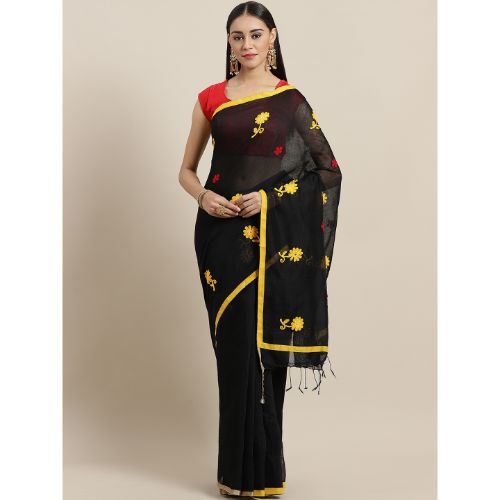 Laa Calcutta Black & Yellow Traditional Bengal Handloom saree with Blouse material