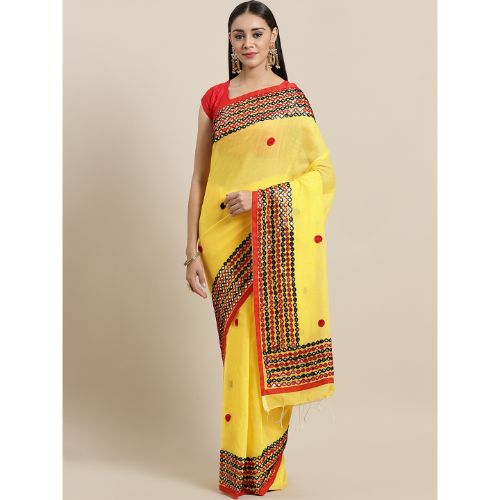 Laa Calcutta Yellow & Red Traditional Bengal Handloom saree with Blouse material