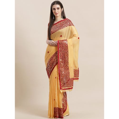 Laa Calcutta Off white & Red Traditional Bengal Handloom saree with Blouse material