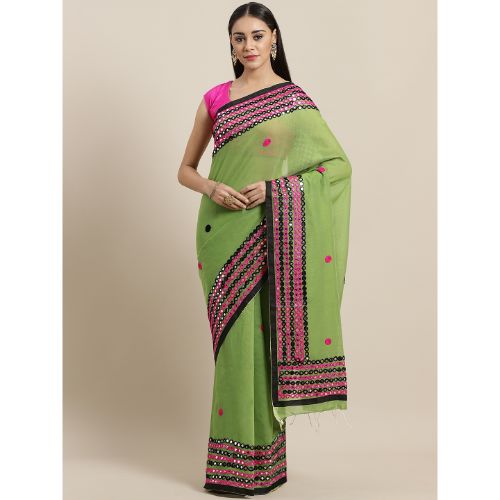Laa Calcutta Green & Pink Traditional Bengal Handloom saree with Blouse material