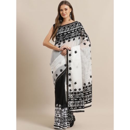 Laa Calcutta White & Black Traditional Bengal Handloom saree with Blouse material