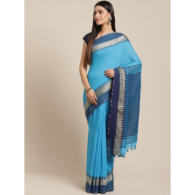 Laa Calcutta Blue & Navy blue Traditional Bengal Handloom saree with Blouse material