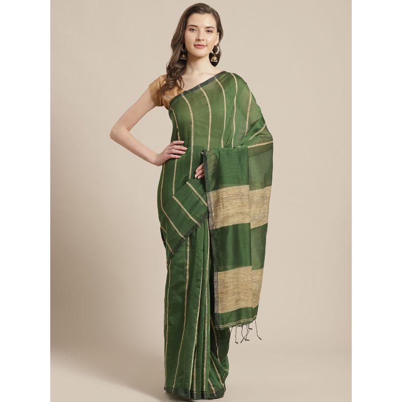 Laa Calcutta Green & Golden Traditional Bengal Handloom saree with Blouse material