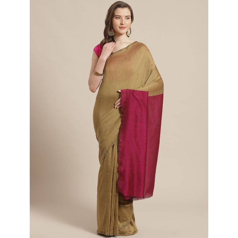 Laa Calcutta Golden & Magenta Tradational Bengal Handloom saree with Blouse material