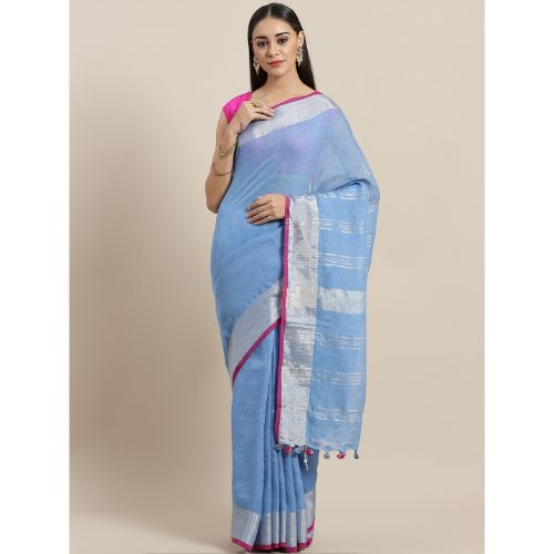 Laa Calcutta Sky Blue & Pink Traditional Lilen saree with Blouse material