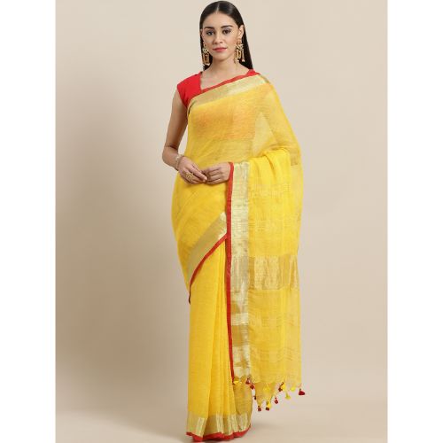 Laa Calcutta Yellow & Red Traditional Lilen saree with Blouse material