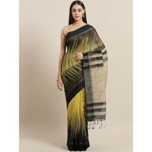 Laa Calcutta Yellow & Black Traditional Bengal Handloom saree with Blouse material