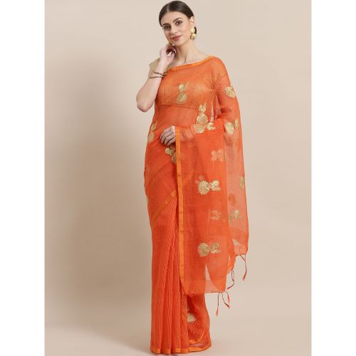 Laa Calcutta Orange Traditional Bengal Handloom saree with Blouse material