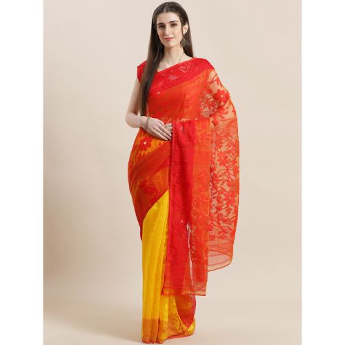 Laa Calcutta Yellow & Red Traditional Jamdani saree without Blouse material