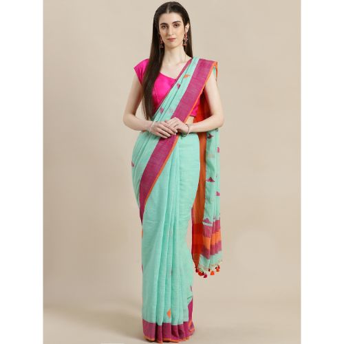 Laa Calcutta Green & pink Traditional Bengal Handloom saree with Blouse material