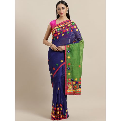 Laa Calcutta Blue & Green Traditional Bengal Handloom saree with Blouse material