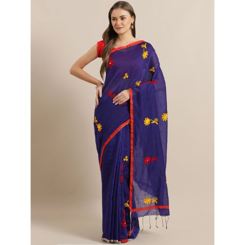 Laa Calcutta Blue & Red Traditional Bengal Handloom saree with Blouse material