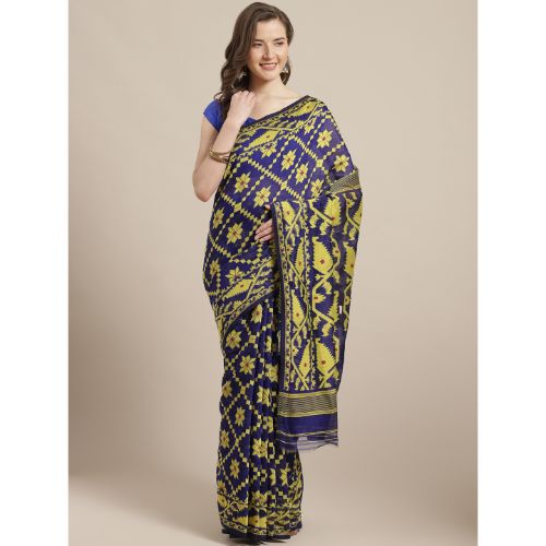 Laa Calcutta Blue & Yellow Traditional Jamdani saree without Blouse material