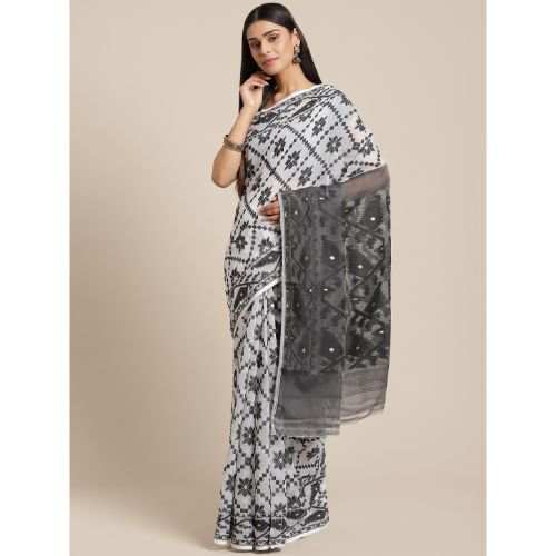 Laa Calcutta White & Black Traditional Jamdani saree without Blouse material