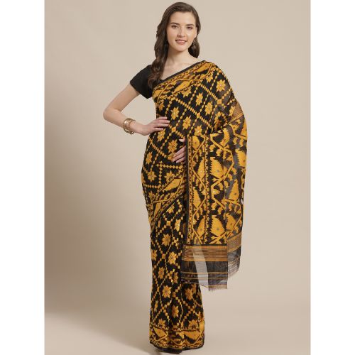 Laa Calcutta Black & Yellow Traditional Jamdani saree without Blouse material
